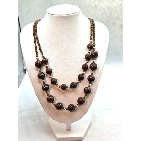 Glass Brown Beaded Double-Strand Necklace & Matching Earrings Set By My Style - Picture 3 of 3
